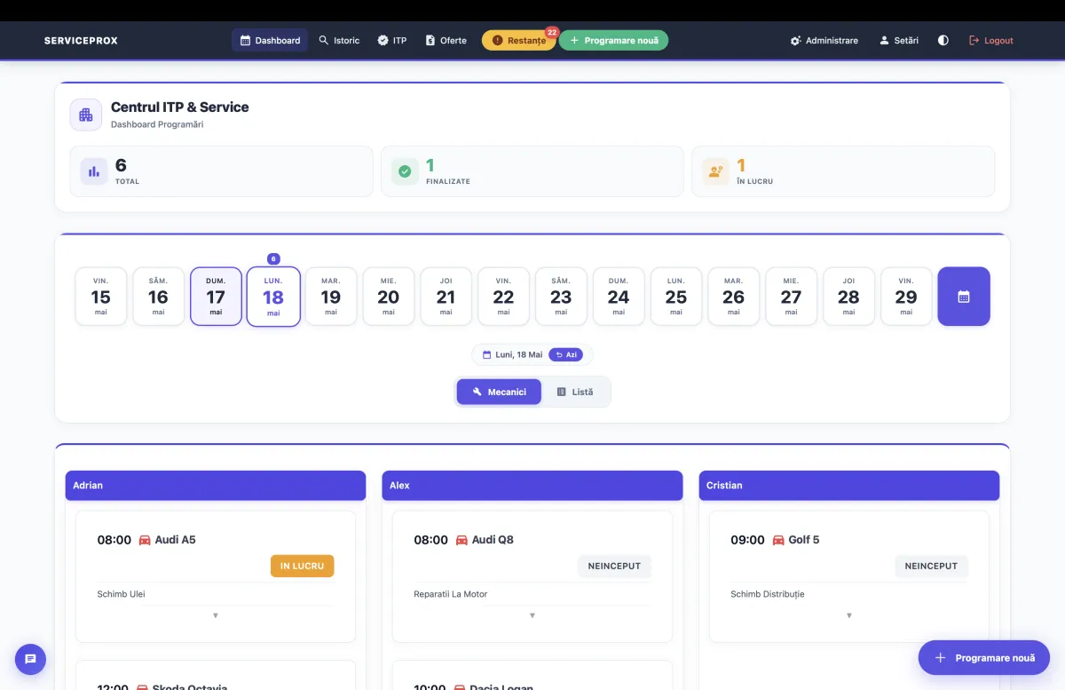 Dashboard ServiceProX - calendar programări service auto