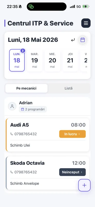 Aplicația mobilă ServiceProX - lista programări mecanic
