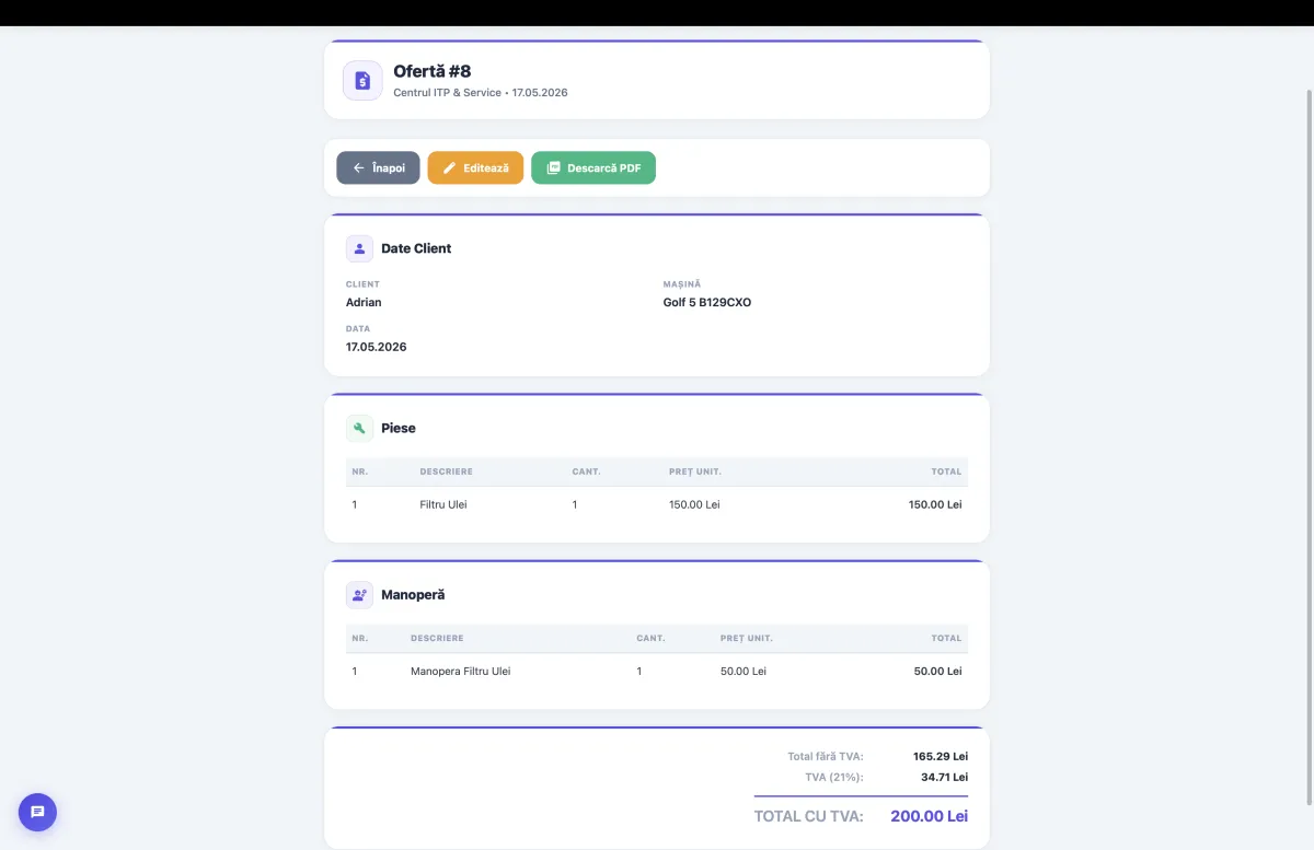 Ofertă de preț ServiceProX - piese, manoperă și export PDF